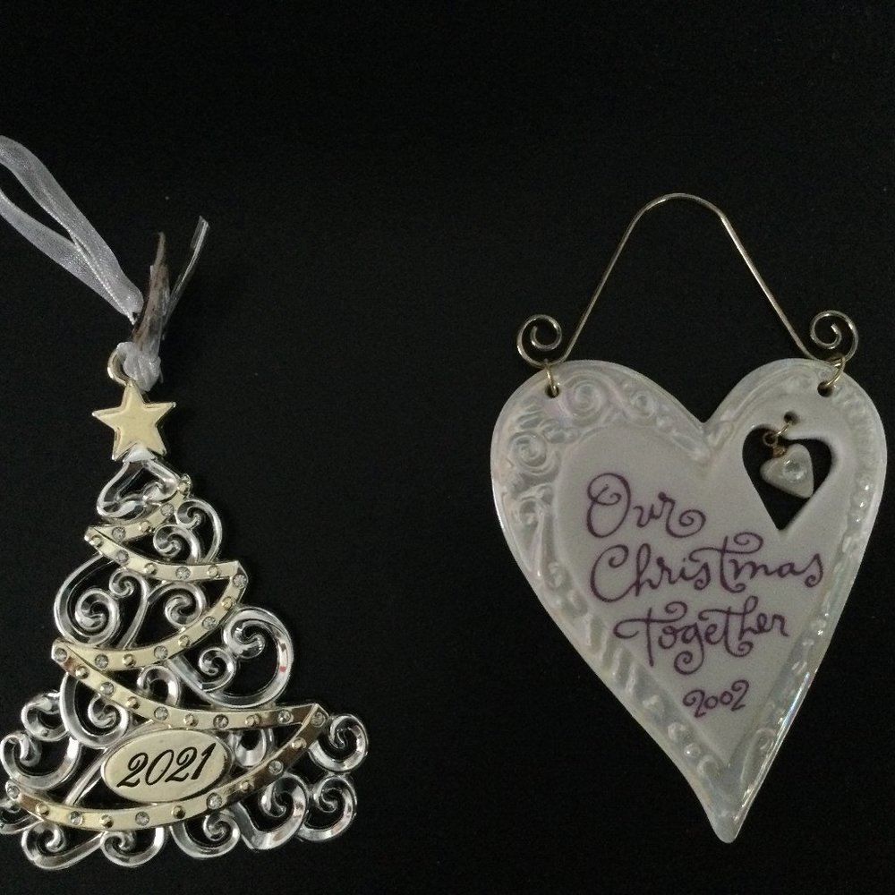 Two Christmas tree ornaments Harvey Lewis 2021 Christmas tree & AGC 2002 heart